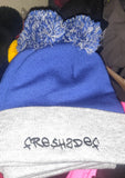 Blue and grey FRE$H2DEF POM BEANIE