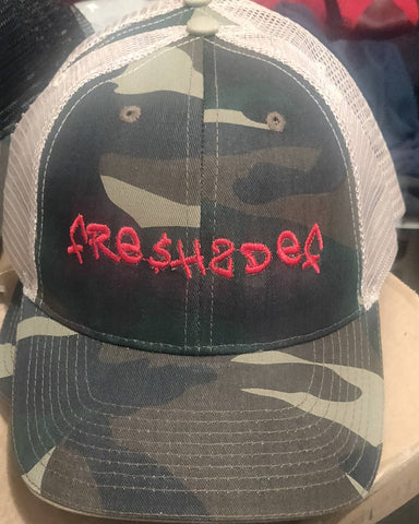 Red over camo FRE$H2DEF TRUCKER HAT